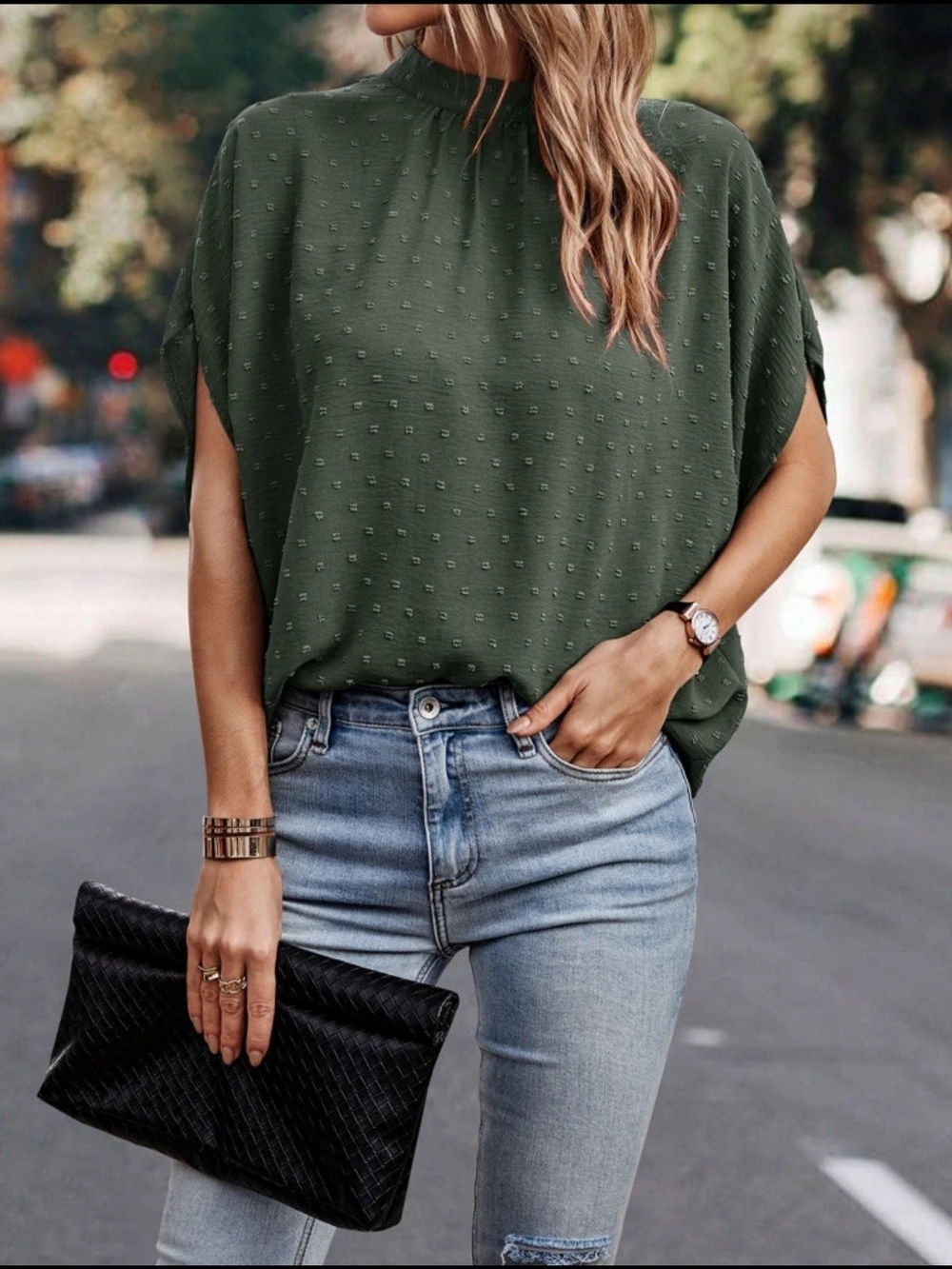 Swiss Dot Mock Neck Army Green Blouse Cap Short Sleeve Boho-Chic Top Women Small